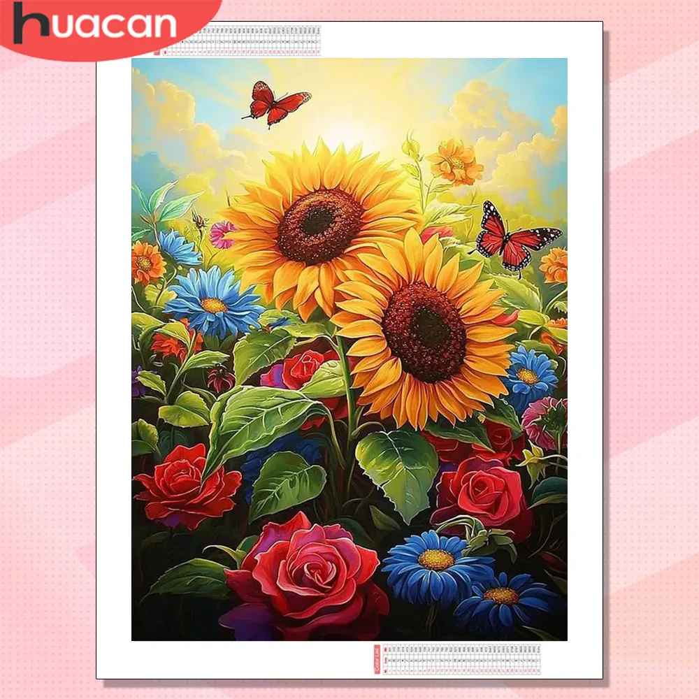 HUACAN Diamond Painting Kits Sonnenblumen-Rosen-Blumen-Malerei für Erwachsene, 5D-DIY-Bild aus Strass, florales Mosaik, Schmetterling