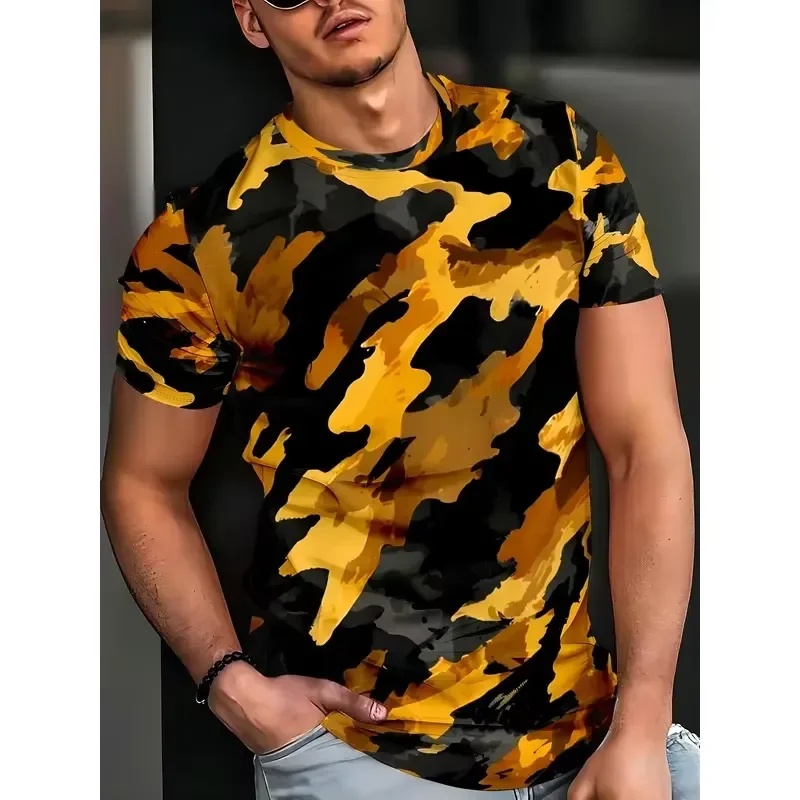 Men Yellow Black Camo T Shirt 3D All Over Camouflage Print Crew Neck Short Sleeve Tops Casual Summer Tee Streetwear Fashion