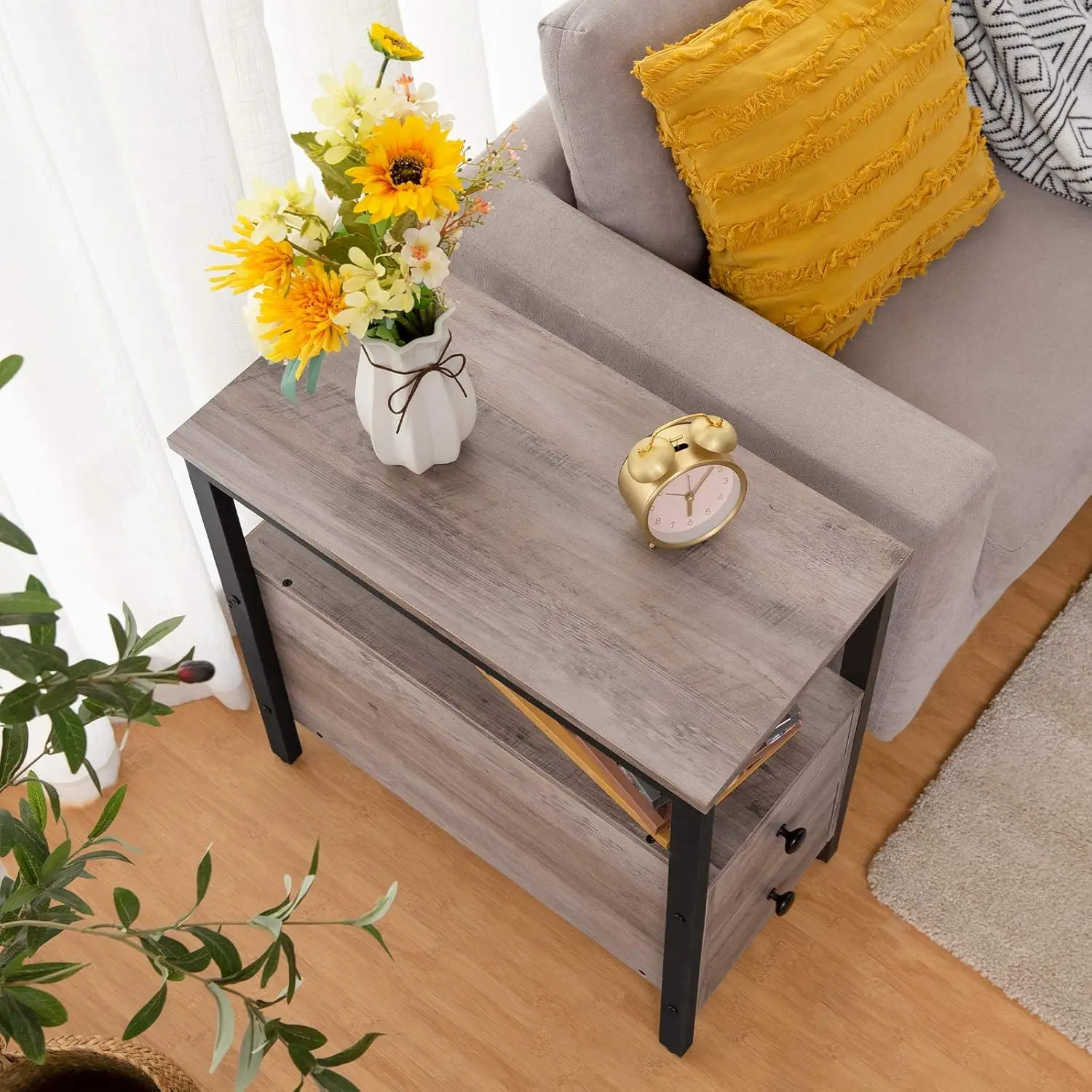 End Table, Narrow Chairside Table with Drawer and Open Storage Shelf, Nightstand for Small Spaces, Stable and Sturdy Construc
