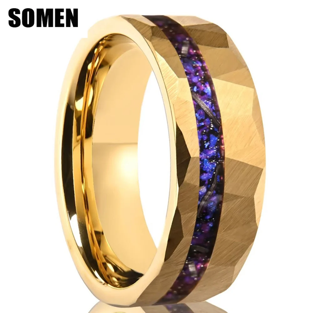 Somen 8mm Hammered Tungsten Carbide Ring For Men Blue Purple Galaxy Opal Meteorite Inlay Wedding Band Anniversary Jewelry Gift