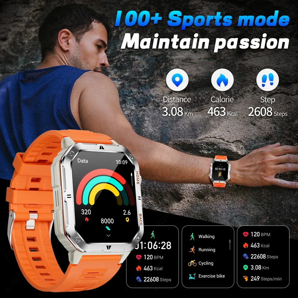 Military Smart Watch Men 1000mAh Large Battery LED Flashlight Watch 2.01-inch HD Screen Heart Rate Waterproof BT Call Smartwatch