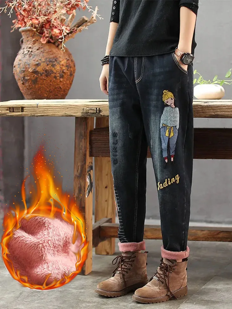 Imagem -03 - Harem Jeans de Veludo Luxuoso para Mulheres Calças Jeans Bordadas Vintage Jeans Largos de lã Espessada Quente Jeans Casual Extragrande 5xl Novo Inverno