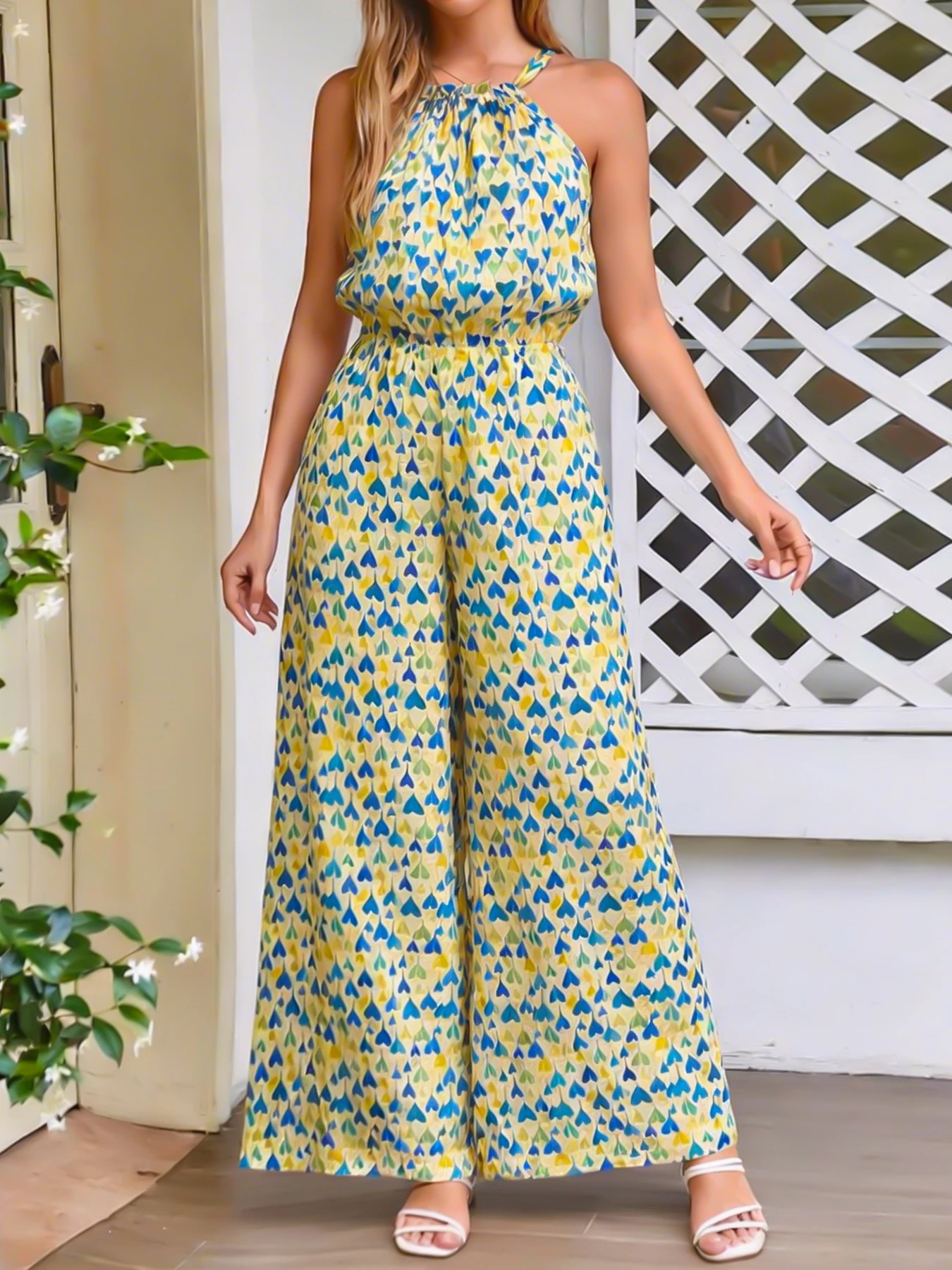 Women's Yellow Blue Green Heart Print Halter Jumpsuit Waist-Tie Wide-Leg Resort view 4