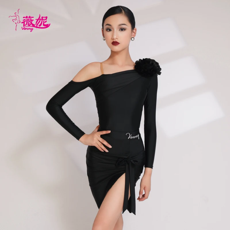 فستان رقص لاتيني ستايل للفتيات، طقم تدريب مكون من قطعتين بأكمام طويلة، ملابس ممارسة قياسية احترافية