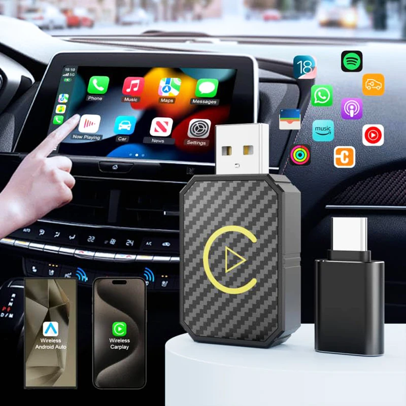 2 in 1 Mini Wireless CarPlay Adapter 5.0 WiFi Adapter Auto Car Connect Type-C/USB Plug & Play Carplay for iPhone/Android