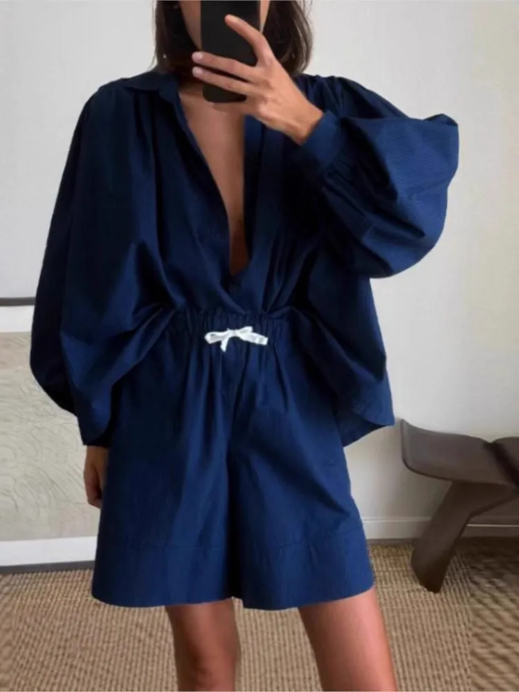 

Autumn New Lantern Sleeve Long-sleeved Shirt Drawstring Shorts Two-piece Set Women's Street Fashion Solid Color Casual Set