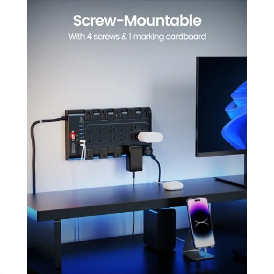 قطاع الطاقة ERDANNY Surge Protector مع 22 منفذ تيار متردد و6 منافذ شحن USB 1875 وات 15 أمبير 2100 جول 6.5 قدم قابس مسطح ثقيل