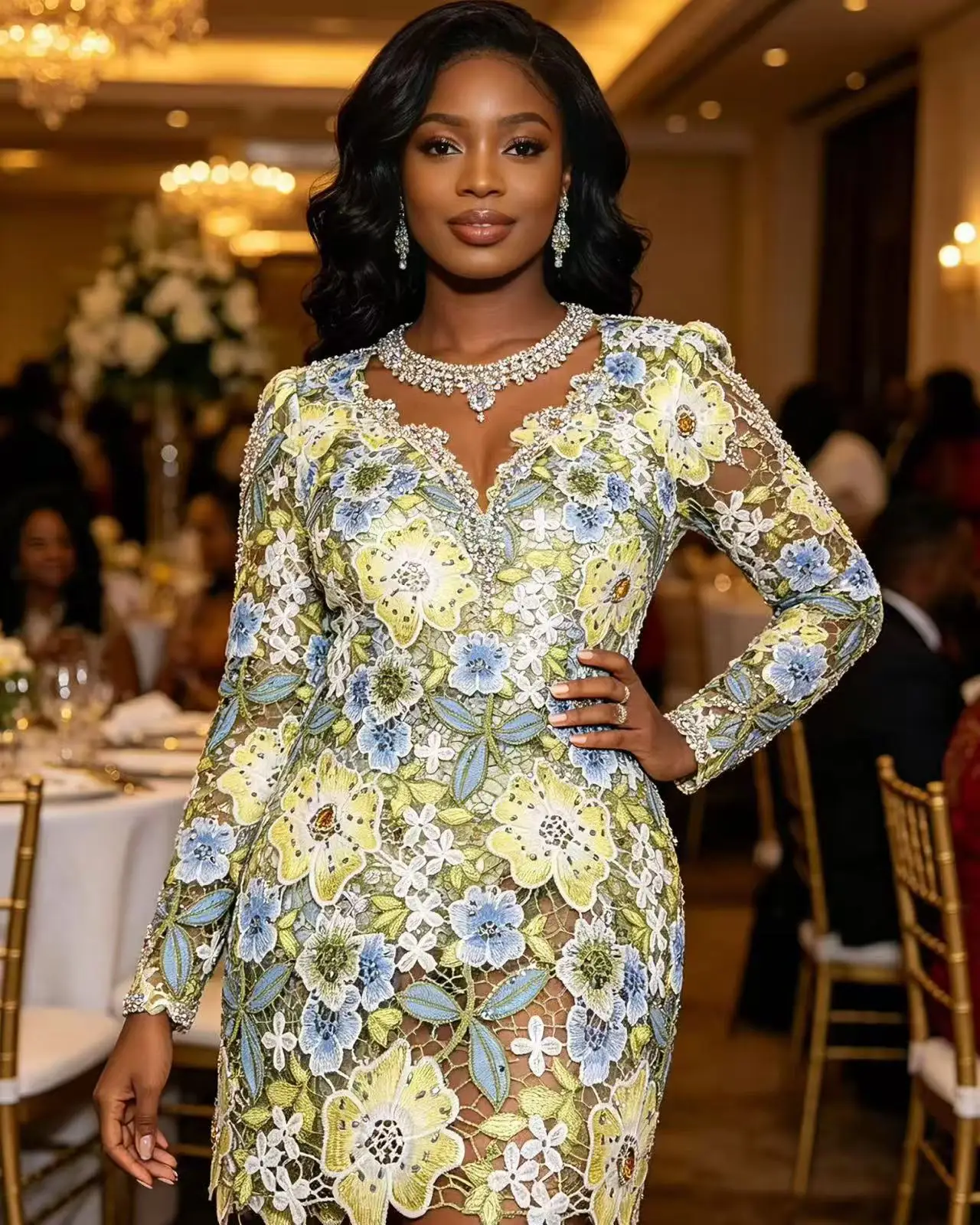 African Guipure Cord Lace Fabric Nigerian Style with Luxury 3D Rhinestones Water Soluble French Style Women's Dress Sewing 5Yard