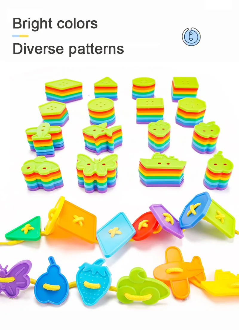 64/128pcs Baby Montessori Lacing Toys Cartoon Fruit Geometric Blocks Stringing Threading Buttons Preschool Training Aids for Kid