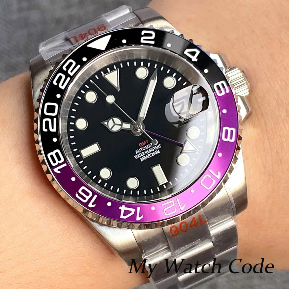 Nologo Dive NH34A Purple GMT Hand Dual Time Greenwich Automatic Men Wristwatch Steel Waterproof Clock Luxury SUB Jubilee Reloj