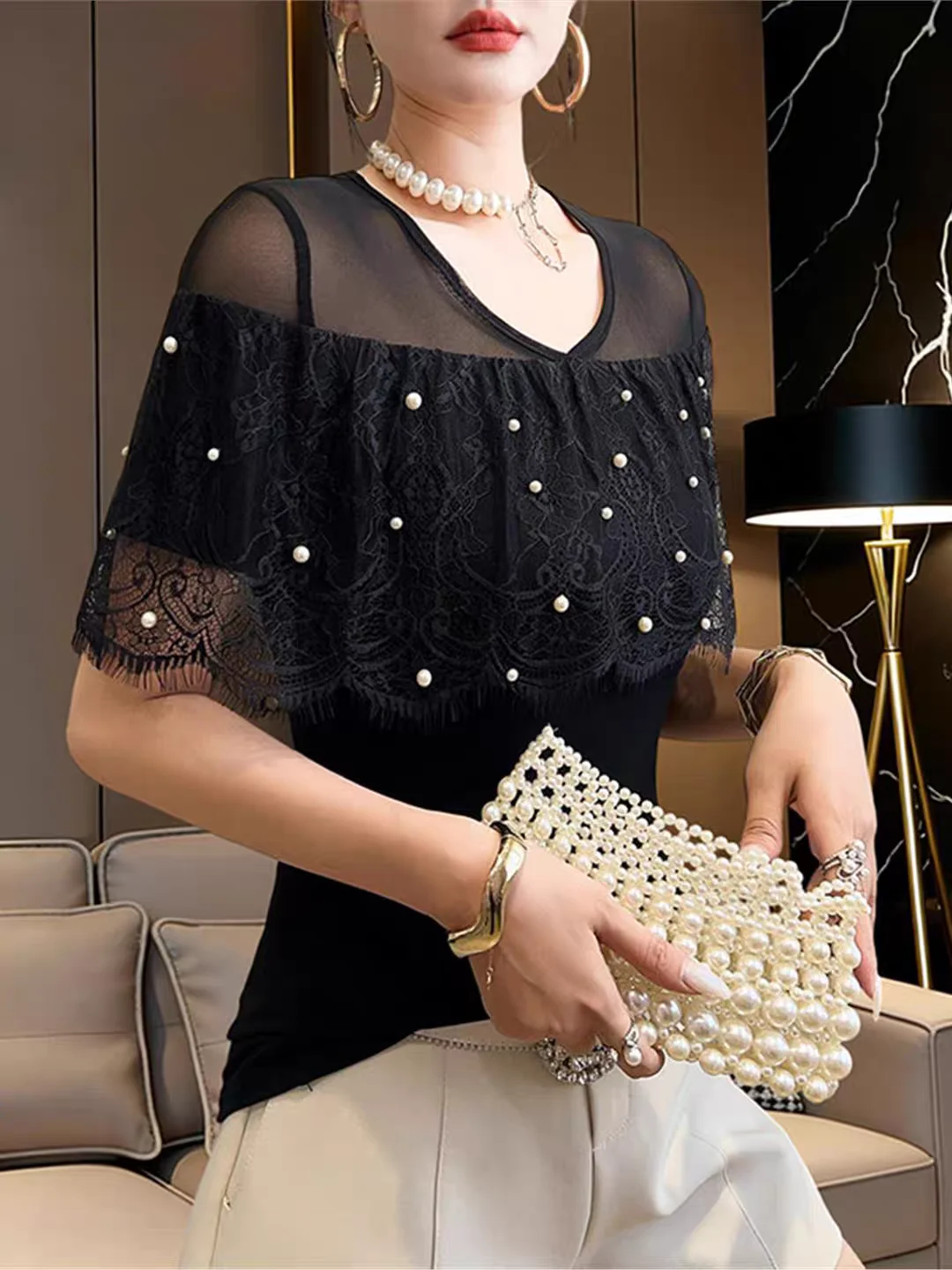 V-Neck Lace Mesh Patchwork Beaded Short Sleeve T-Shirt for Women, 2026 Summer New Arrival Stylish Slim Fit Casual Base Layer Top