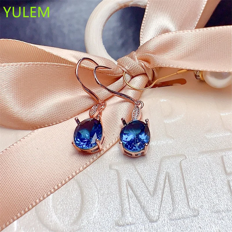 Natural London Blue Topaz  Stud Earrings for Women Silver 925 Femme Gift Prevent Fine Jewelry Earring