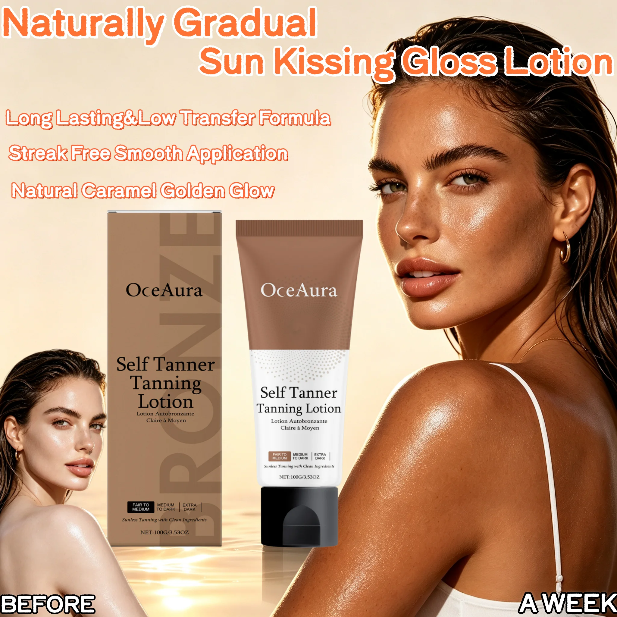 Naturally Gradual Sun Kissing Gloss Lotion,Natural Caramel Golden Glow,Deep Nourishment,Refreshing Oil Control,Sun Free Protection Against Photoaging,Streak Free Smooth Application,Long Lasting&Low Transfer Formula,Delicious Vanilla Aroma,Vegan