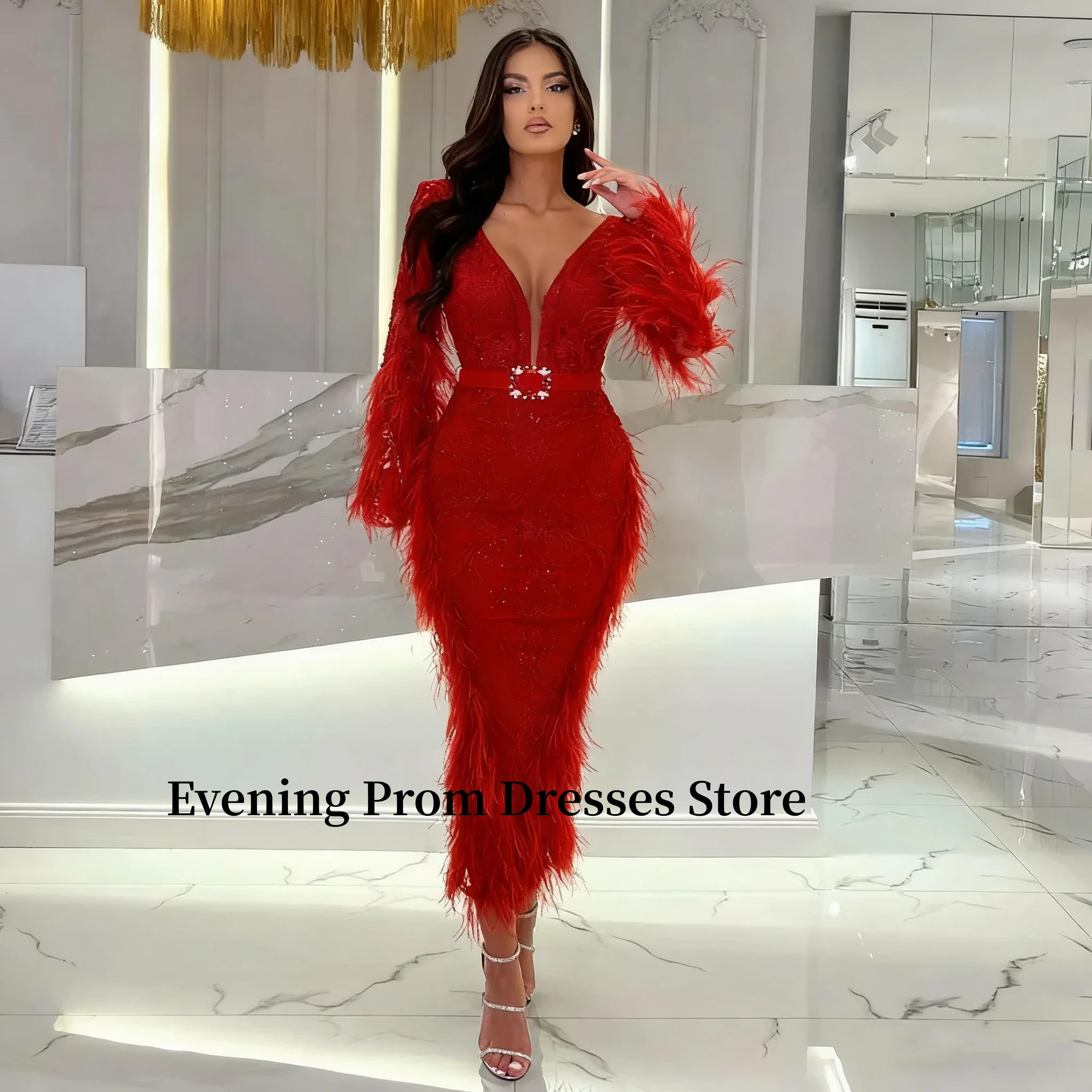 

Вечернее платье с длинными рукавами и красными перьями по индивидуальному заказу, элегантное облегающее кружевное вечернее платье с глубоким v-образным вырезом и поясом, блестящее женское бальное платье