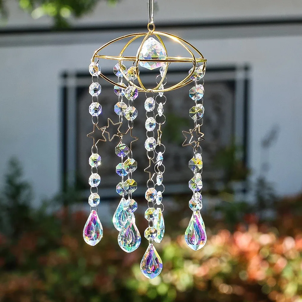 37cm Flying Saucer Stars Crystal Strand Wind Chime Shinning Glass Art Rainbow Maker Sunlight Collector Garden Balcony Adornment