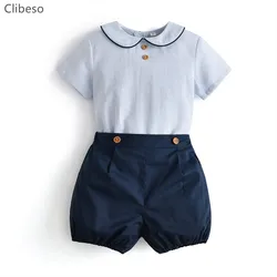 Bio Clio-Ensemble de vêtements espagnols pour bébés, tenues d'été pour garçons, vêtements de boutique pour enfants, chemises bouffantes bleu marine, col claudine, 2024