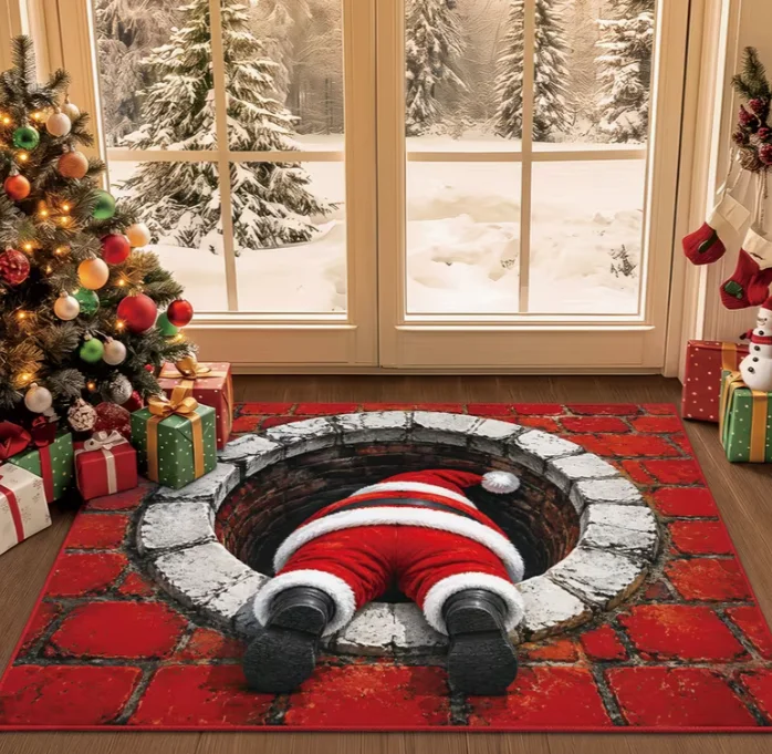 Optical Illusion Santa Claus Peeking Suitable for Christmas Entry Rug - Red Brick Well Opening Mat with Funny Descending Santa