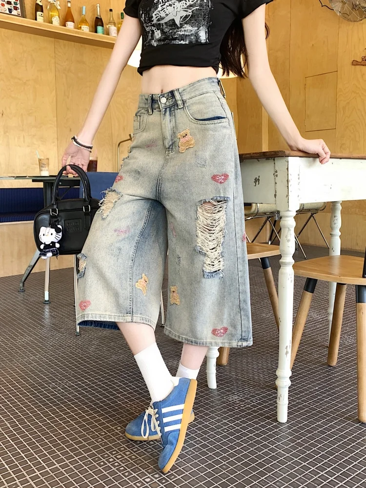 

plus Size Women's Summer Denim Mid-Length Pants Hip Hop Hole Embroidery Loose Seven-Foot Trousers Casual High Waist Wide Leg