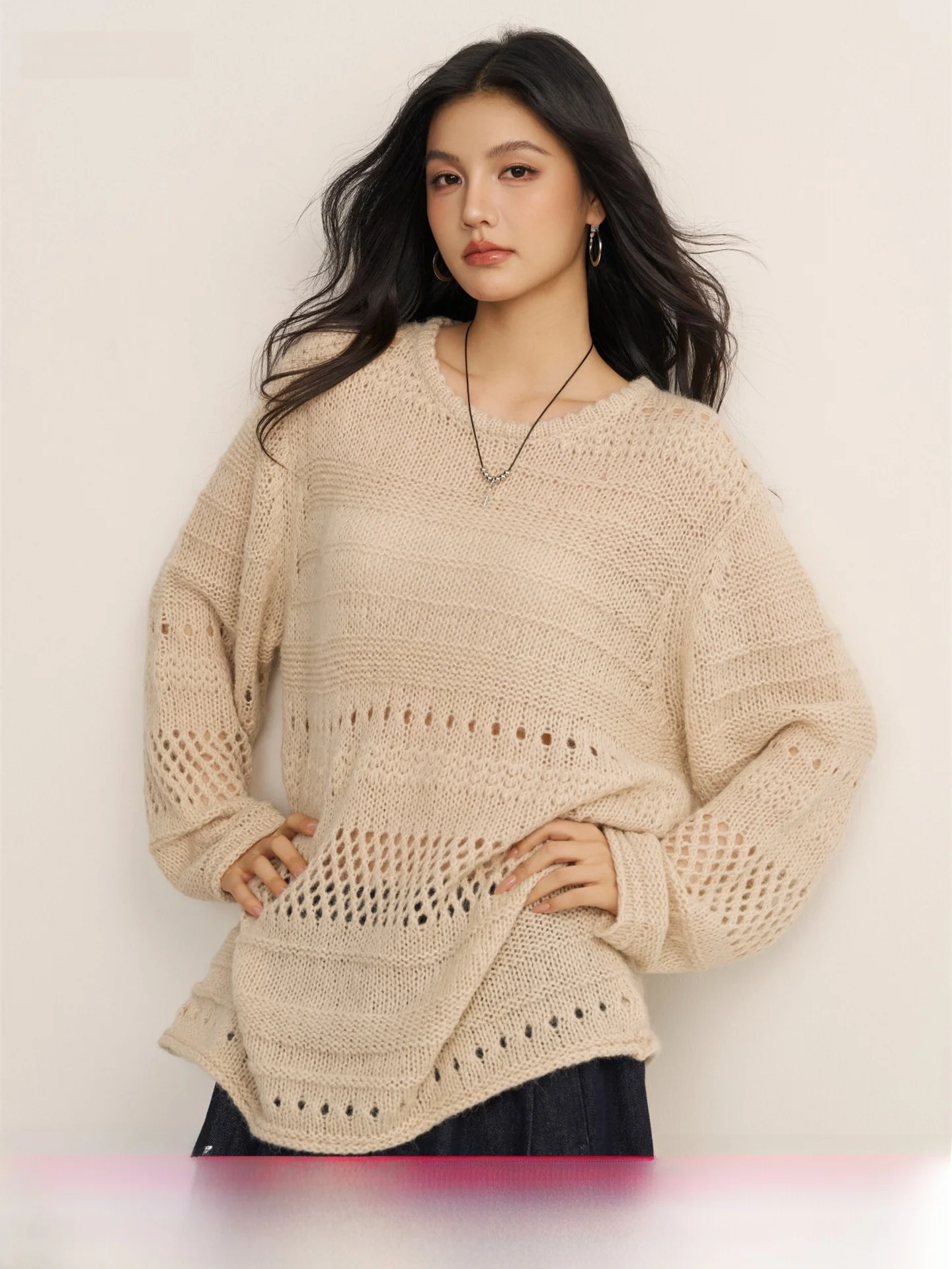 

CHILL ZOEY i Color Long Sve Hollow out Knitted Sweater round Ne Loose Fit Autumn Lazy Sle Women's Faion Warmth Cl...