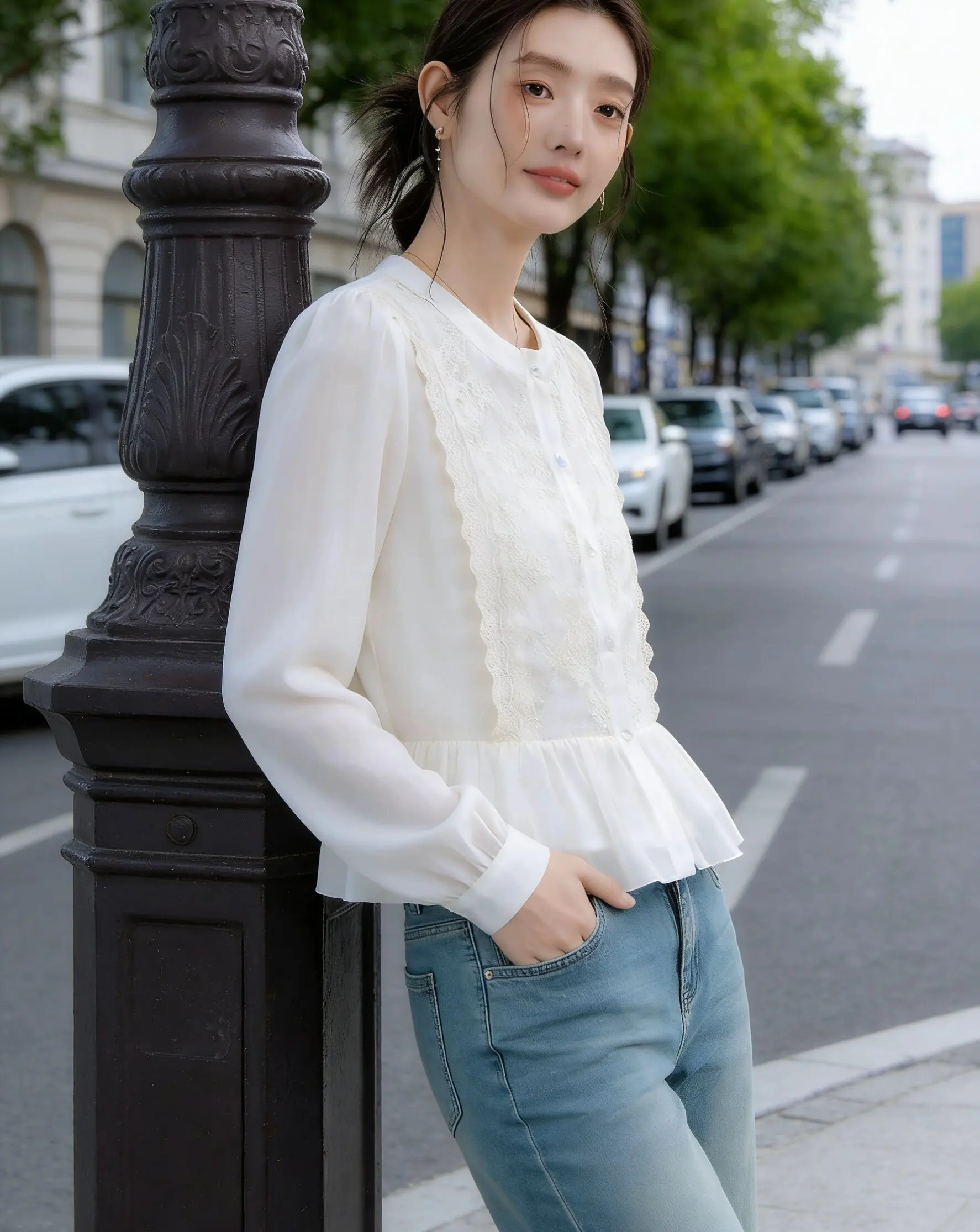 

Glossy Lyocell Crochet Embroidery Women's Casual Round Neck Long Sleeve Shirt, Women's Spring and Autumn French Lace Patchwork Shirt, Age-Reducing