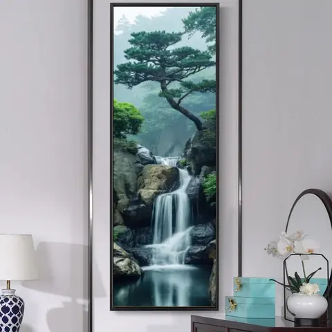 Pintura em tela de paisagem chinesa, arte de parede feng shui, pintura de cenário de montanha com cachoeira, estética zen, impressão vertical de pôster