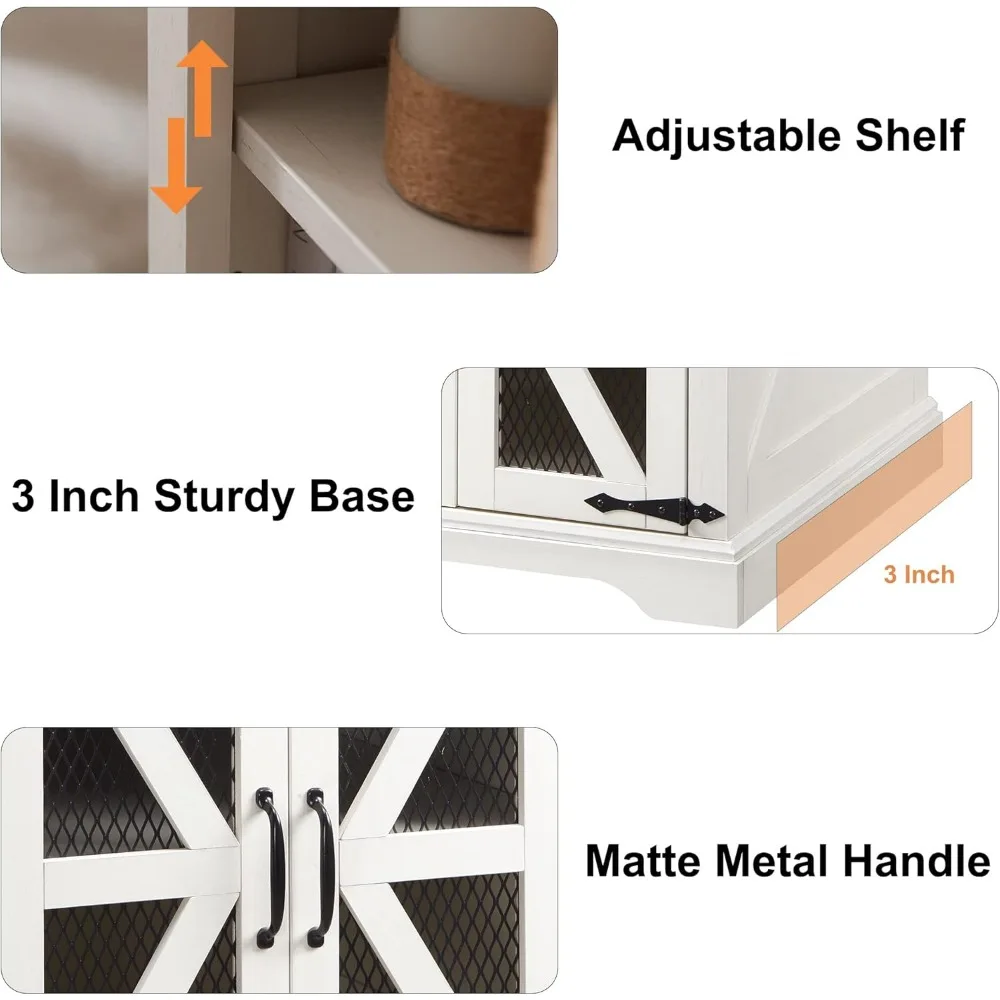 Rural Style Wooden Square Bedside Table, Sofa Side Table with Charging Station, Mesh Barn Door,and Adjustable Storage Rack,White