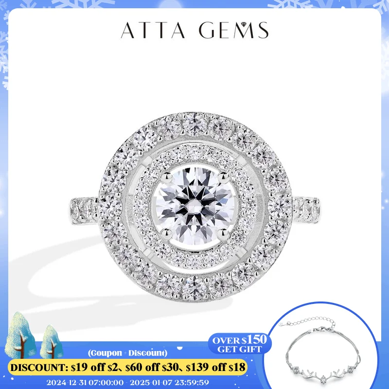 ATTAGEMS Full D Color VVS1 Luxury Moissanite Ring Round Cut 1.0CT S925 Sterling Silver Engagement Wedding Jewelry Gift for Women