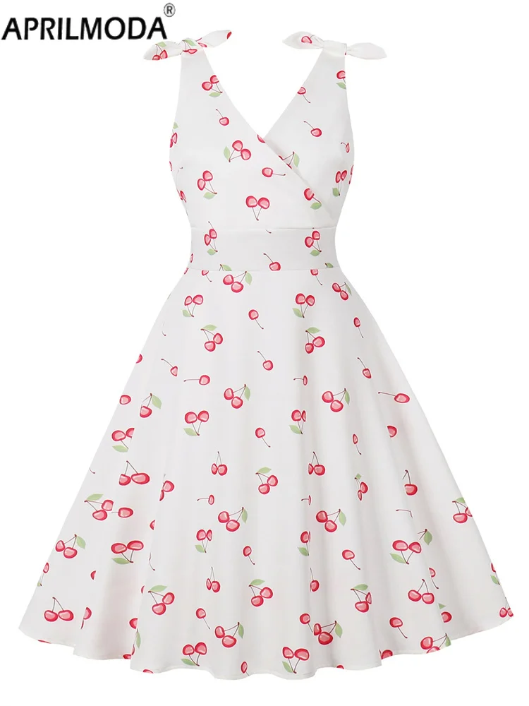 

2025 Summer Holiday High Waist Floral Print Cherry Casual Women's Dress 50s V Neck Elegant Sexy Spaghetti Straps Party Dresses