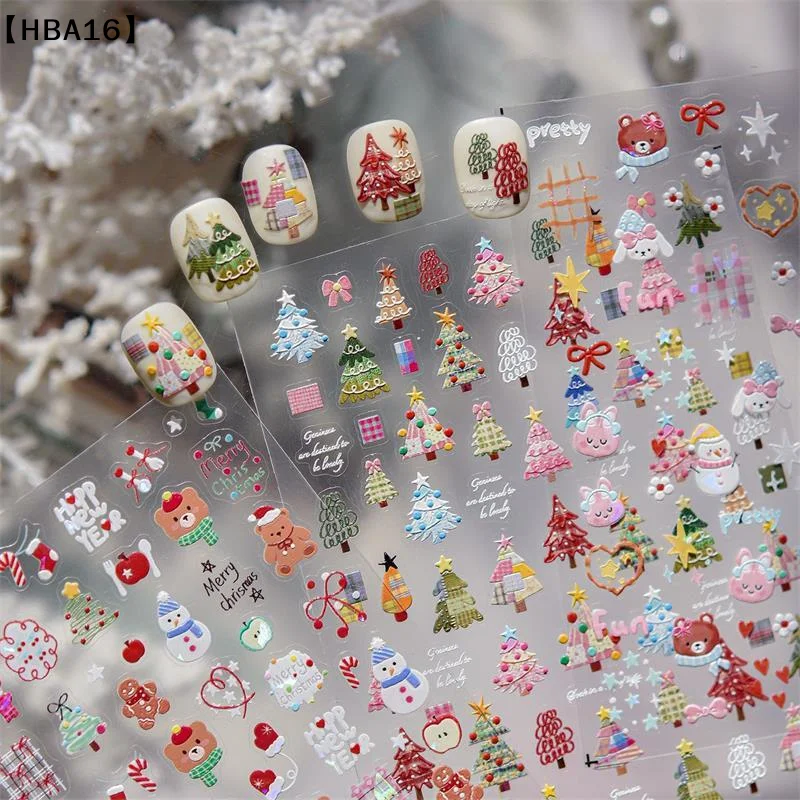 ómHBA16 Parque Kerstboom Sneeuwpop Beer Konijntje Dieren Nagelstickers Elegante vrouwen Vlamend hart DIY Nail Art Sticker Manicure Deca