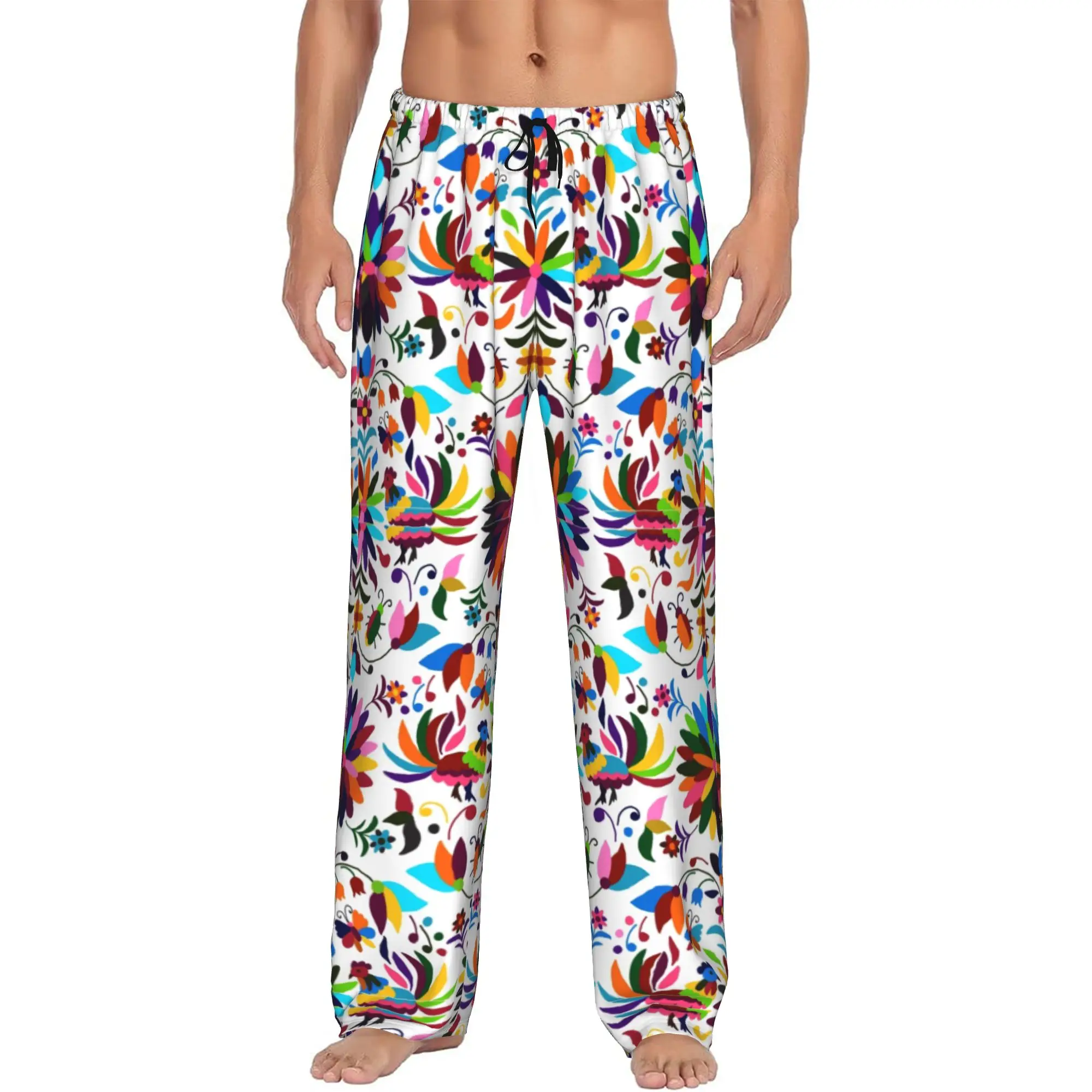 Custom Mexican Otomi Viva Pajama Pants Men's Mexico Flowers Texture Sleepwear Lounge Sleep Bottoms Stretch with Pockets