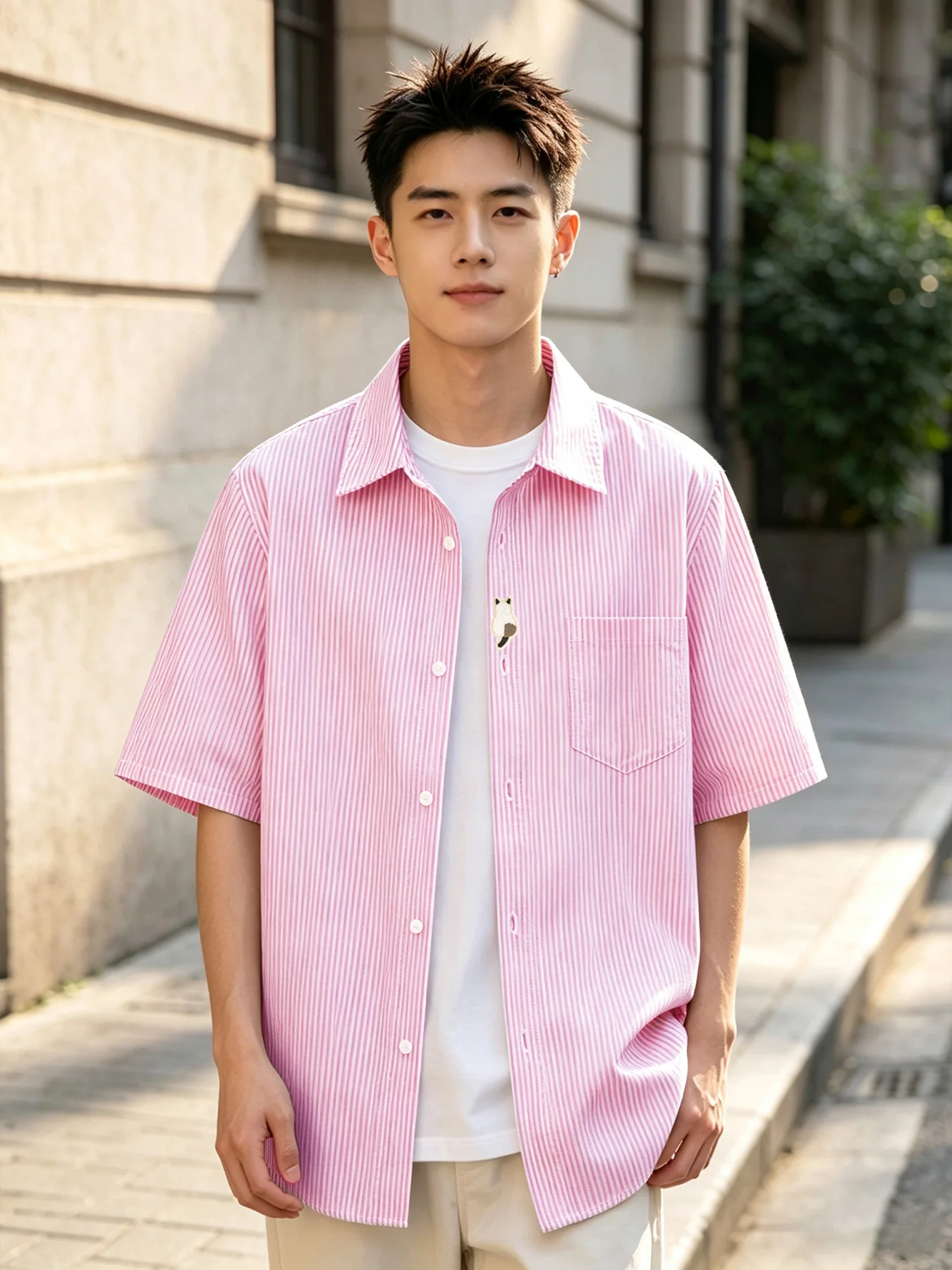 Men's Summer New Arrival Casual Striped Short Sleeve Shirt, Fun Cat Pattern Loose Fit Trendy Shirts
