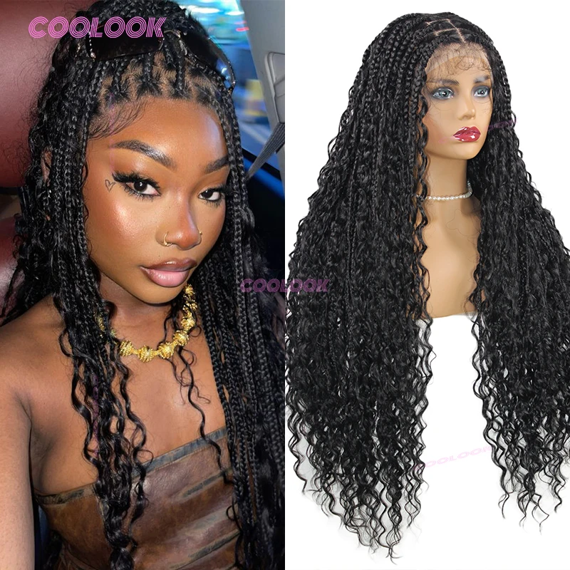 Wig Kepang Bohemian Sintetis untuk Wanita Kulit Hitam, Wig Kepang Kotak Tanpa Simpul Murah