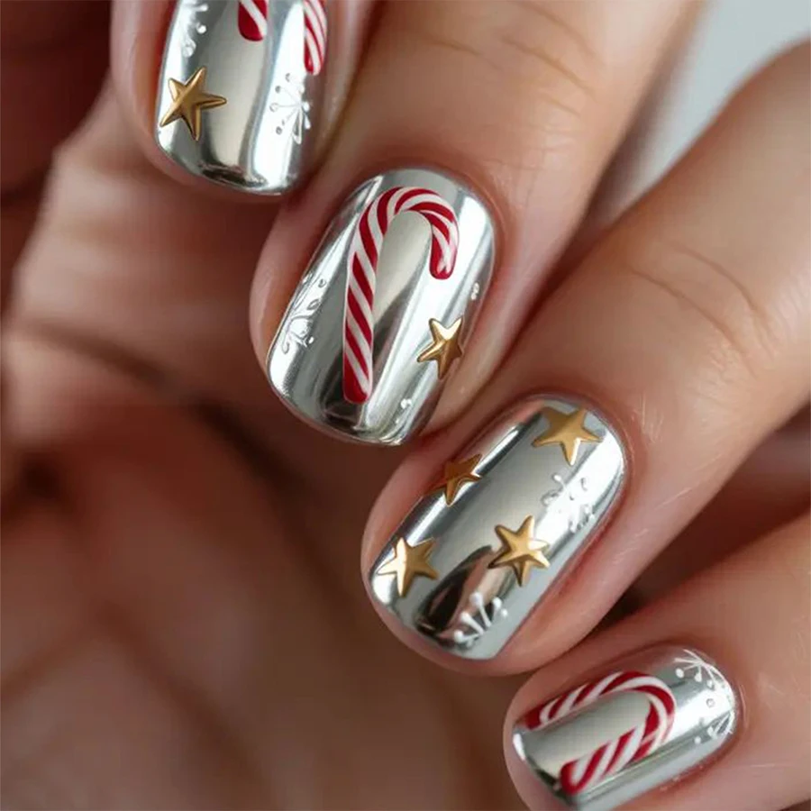 24-Piece Set of Christmas Silver Candy Cane Press-On Nails, Short Square Nails with Snowflakes and Stars, Holiday Fake Nails, Removable Jelly Glue Nail Stickers, Complete Set with Nail File