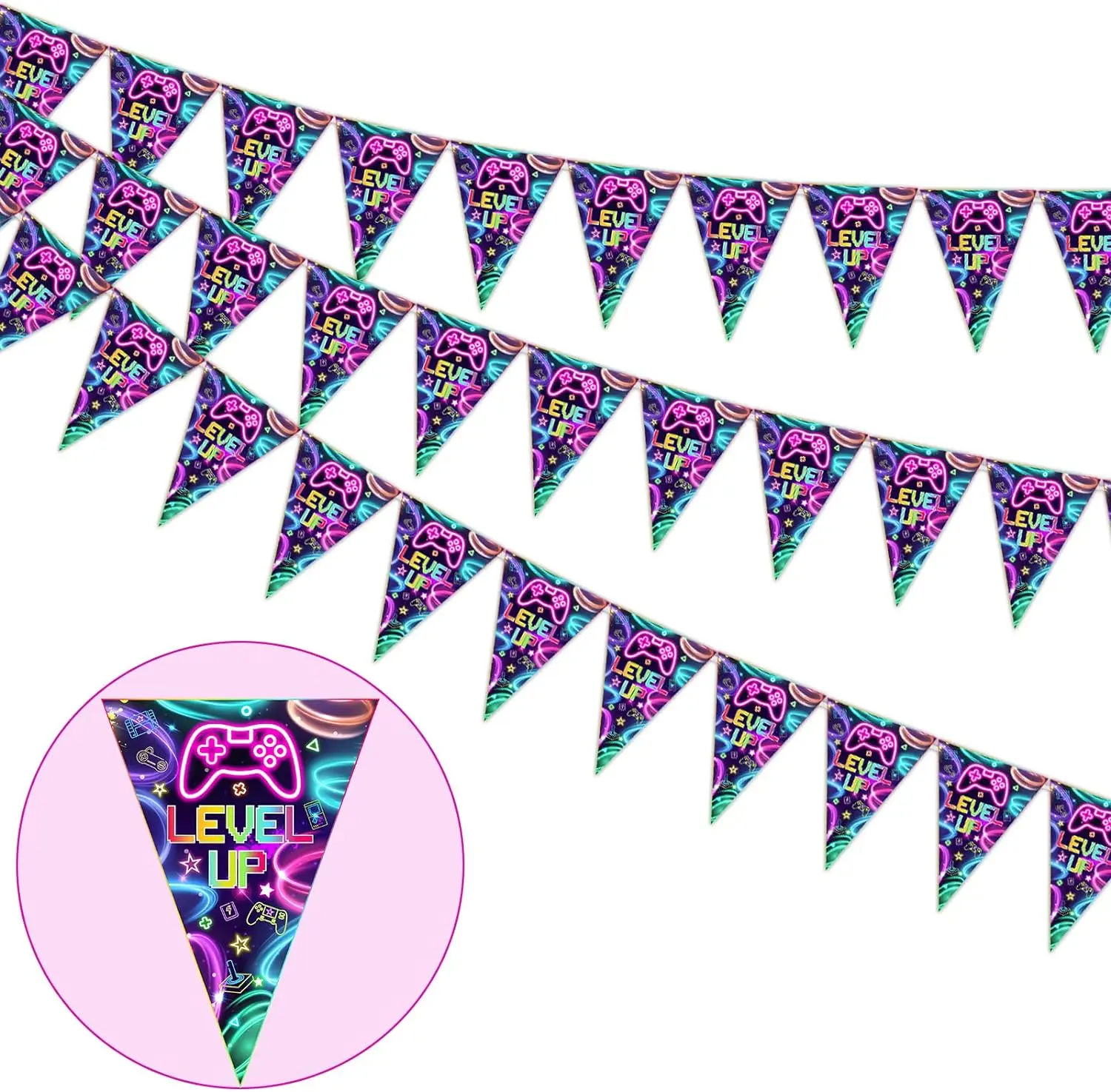 

Neon Pennant Banner Level Up Video Gamer Theme Triangle Flags Banner for Boys Children Video Game Birthday Party Decorations