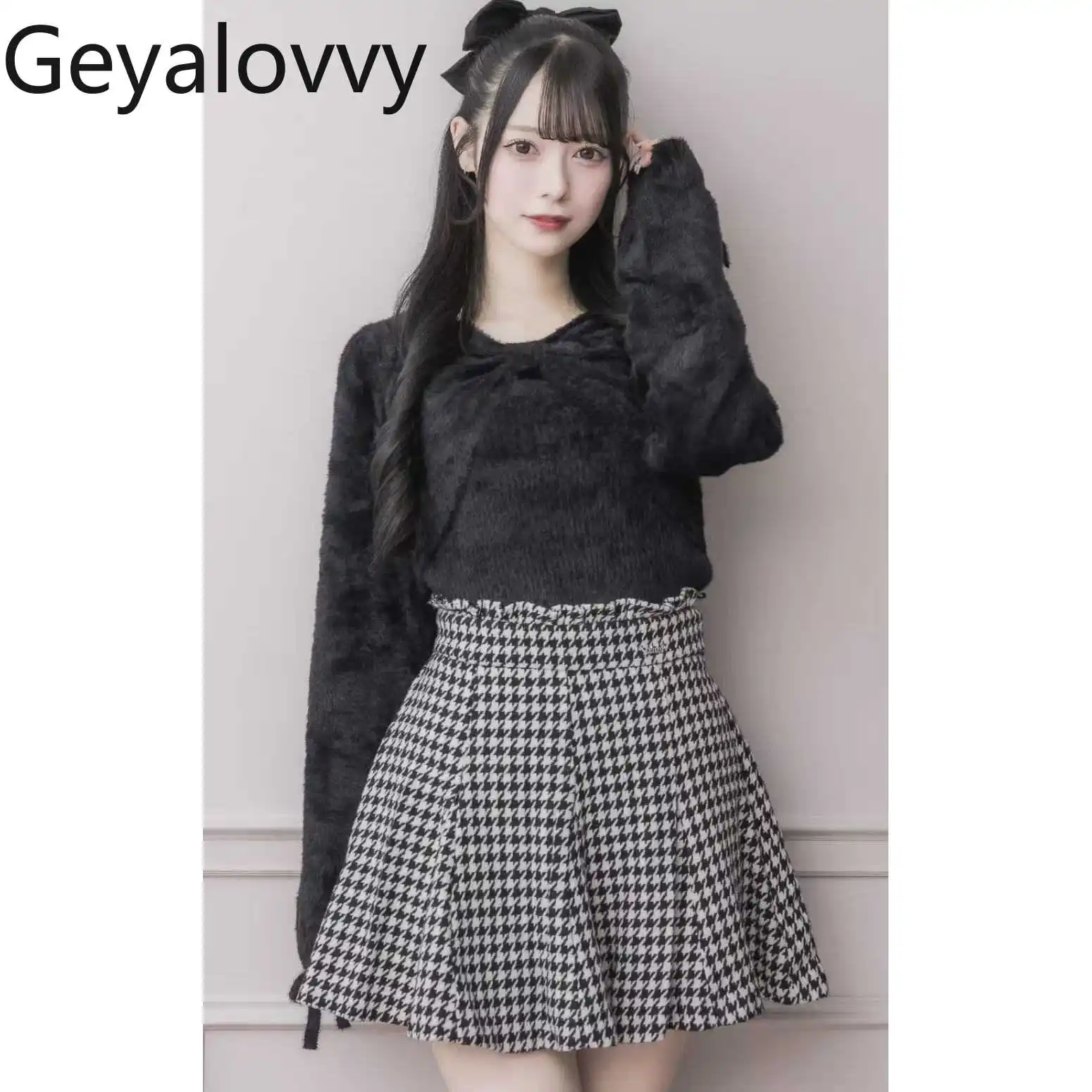 اليابانية الحلو لطيف نمط الفتيات تنوعا Bowknot بلوزة وقميص قصير محبوك رقيق كم طويل تانك القمم قطعتين مجموعة #5