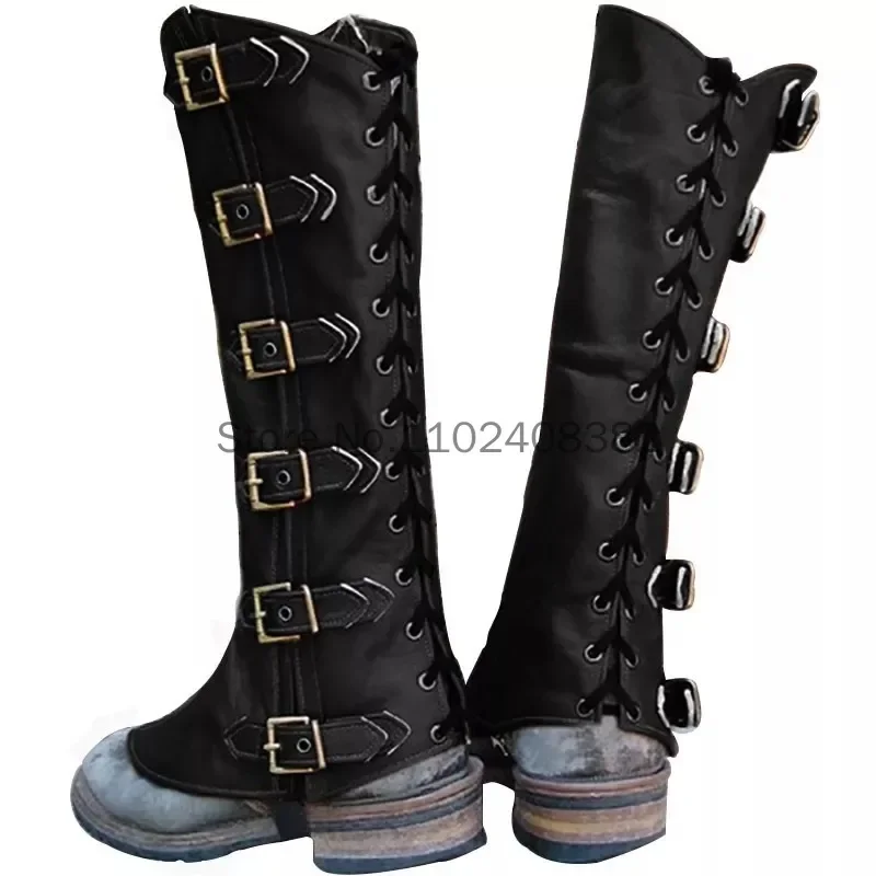 Medieval Retro Warrior Cosplay Soldier Knight Armor PU Shoe Cover Ladies Armor Boots Black Brown Cow Foot Cover Halloween