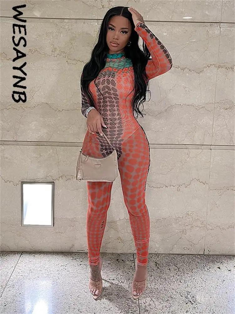 2022 See Though Fall Outfits Sexy Bodycon Jumpsuit Long Sleeve Mesh Print Casual One-piece Club Orange Jumpsuits for Women Lady