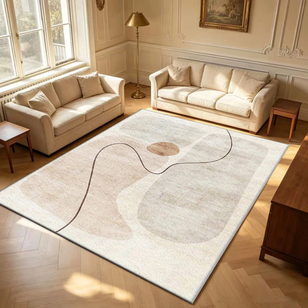 Neutral Beige Abstract Lines Bohemian Style Carpet Floor Soft Texture Non-Slip Carpet Suitable for Living Room Bedroom Home Interior Decoration