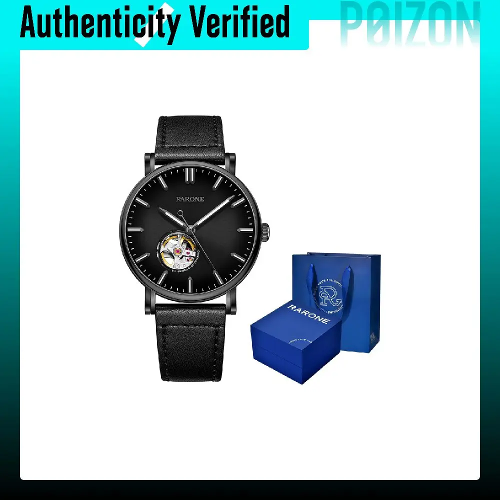 RARONE Black Knight, Sunshine Brushed, Large Transparent Caseback Mechanical Movement Genuine Leather Strap 8670309159805