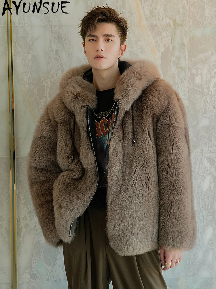AYUNSUE Real Fox Fur Jacket for Men with Hood Winter Short Fashion Natural Fur Coat Man Clothing Luxury 2025 High-end Mens Coats