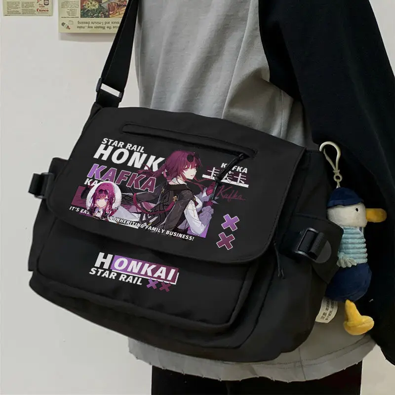 Anime Honkai: gwiazda Rail torba na ramię czarny biały Messenger kreskówka z zamek błyskawiczny z przodu odznakami Crossbody