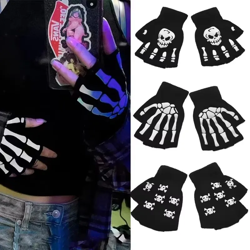 1/2/3 Paar Skelett-Fahrradhandschuhe, die im Dunkeln leuchten, fingerlose Fahrradhandschuhe mit Totenkopf-Motiv für Kinder, Halloween-Kostüm-Zubehör-Handschuhe