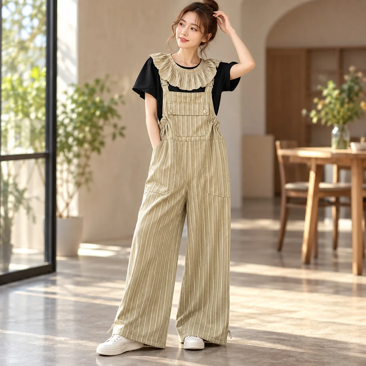 Casual Striped Set Full Length Fresh Sweet with Strap Detail Spring Structured Cut Autumn Long Pants T Shirt Top Women Sets