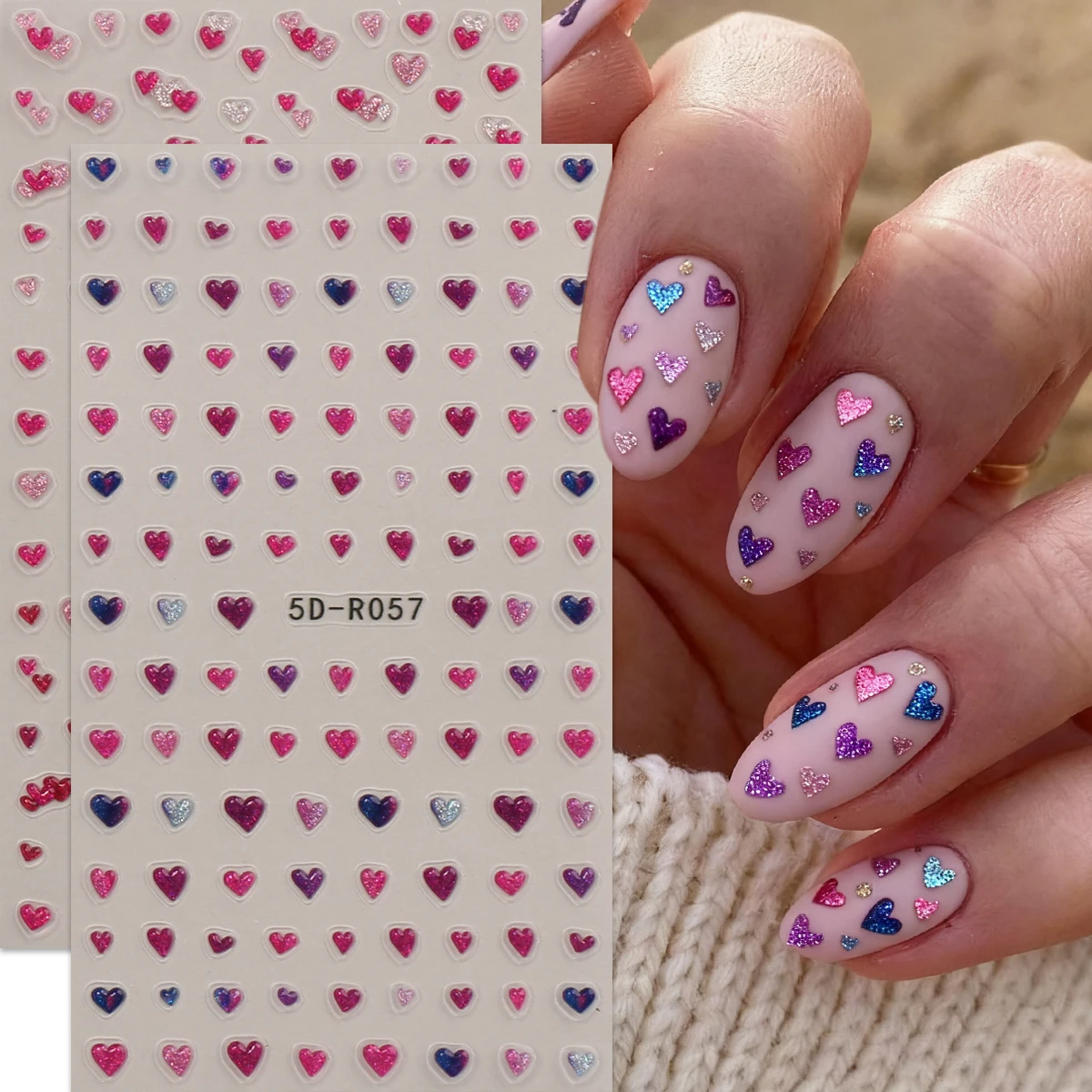 2 adesivi per nail art con cuore d'amore glitterato in rilievo per San Valentino, decorazione per unghie facile da applicare, fai da te, regali, festa di nozze