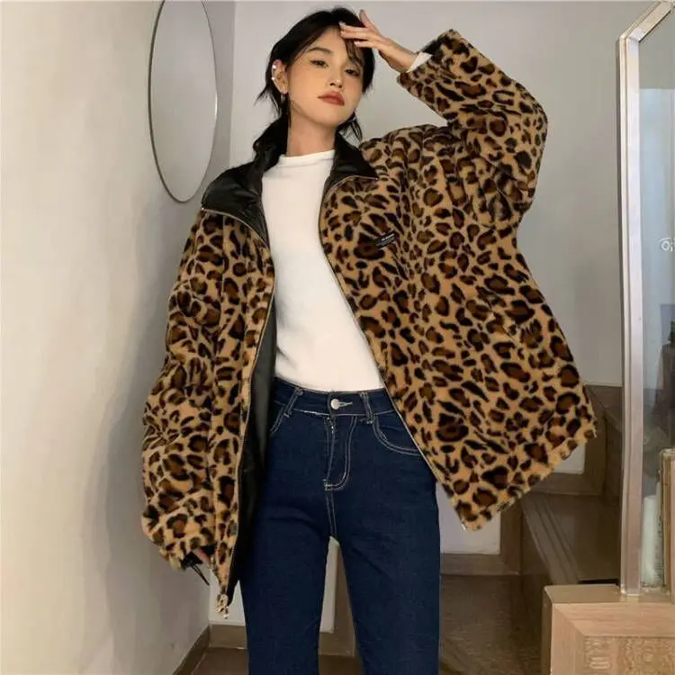 

Wearing Leather Motorcycle Coat Both Sides Winter New Design Explosive Velvet Padded Leopard Coat Female