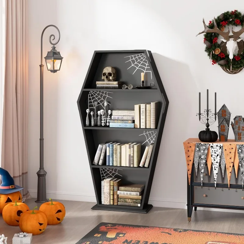 رف كتب نعش الهالوين القوطي 48 بوصة ارتفاع - رف تابوت خشبي طويل القامة مع ديكور قوطي على شكل شبكة عنكبوت، رف تحف أسود مخيف للمنزل D #4