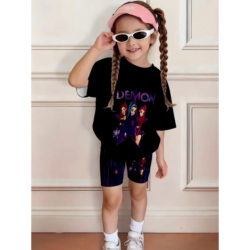Devil Girl Star Printed Casual 2PCS T-shirt and Shorts Set, Suitable for K-Pop Enthusiasts Birthday Gift Comfortable Casual Set