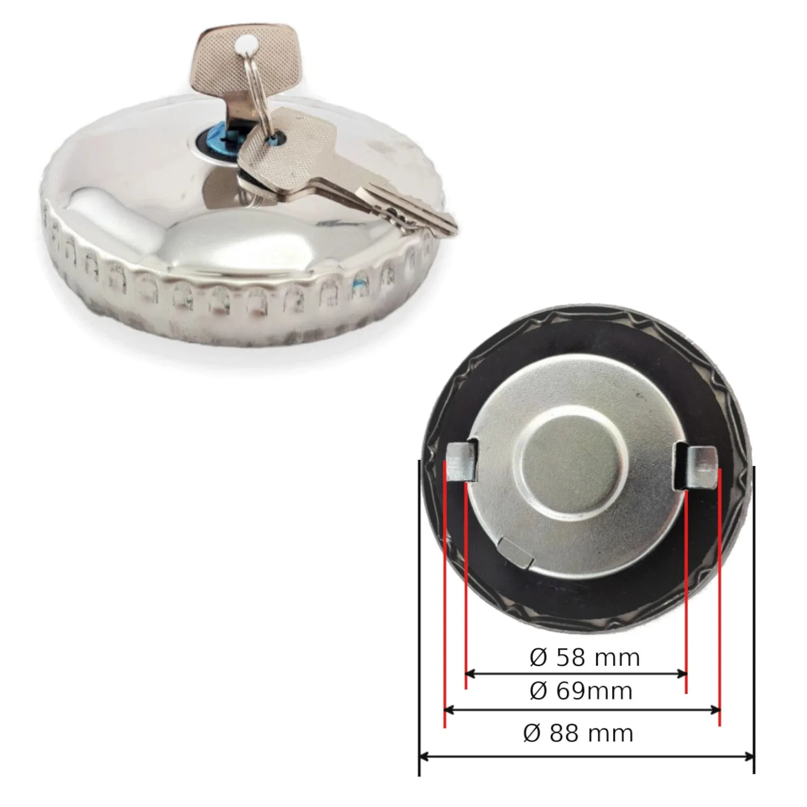 Tampa do Tanque de Combustível 88mm Cromada Universal com Trava e 2 Chaves para Vans, Tratores, Caminhões e Escavadeiras