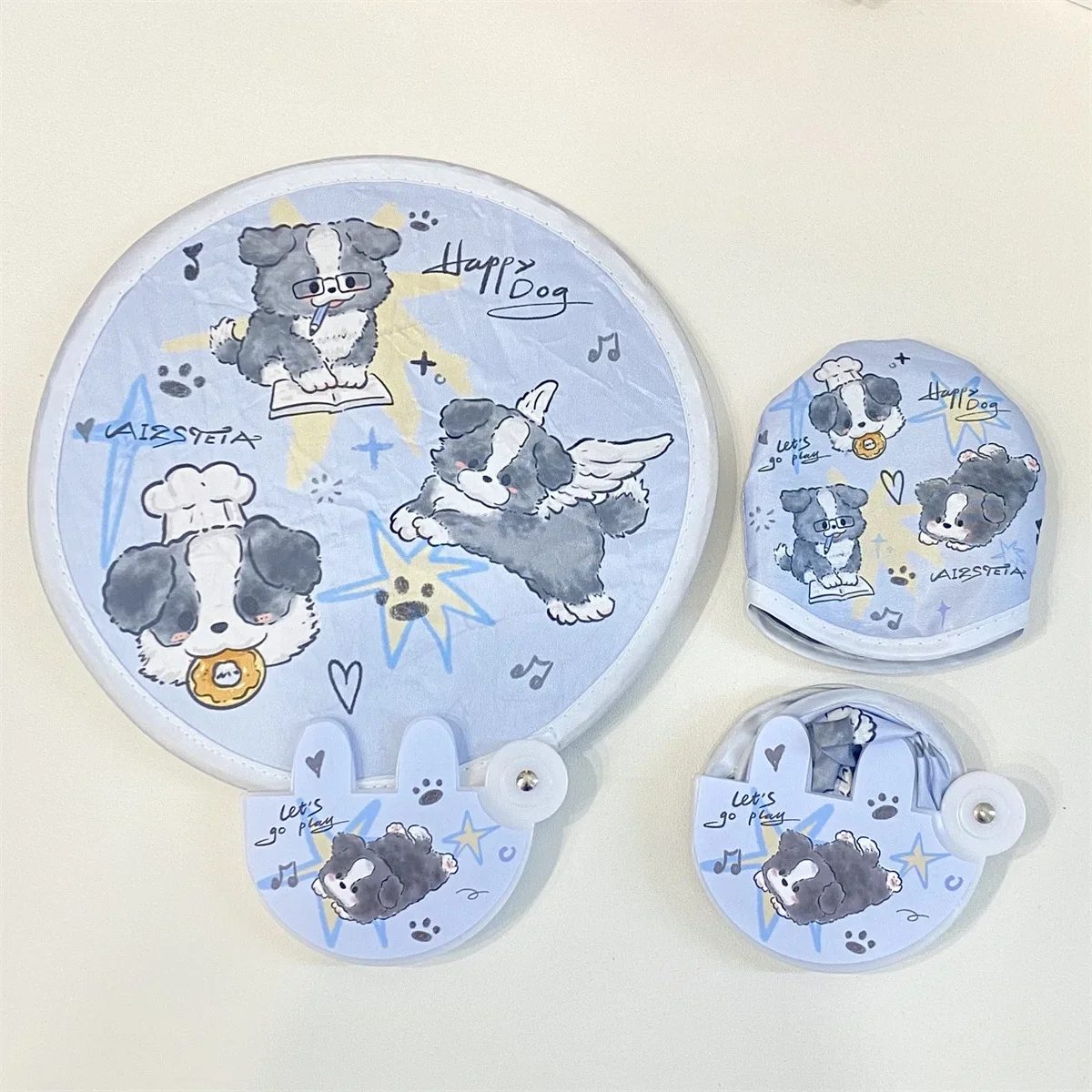 Cute Cartoon Puppy Cat Twist Folding Round Fan with Storage Pouch Kawaii Kid Girl Mini Handheld Fan Selfie Reflector Back Face