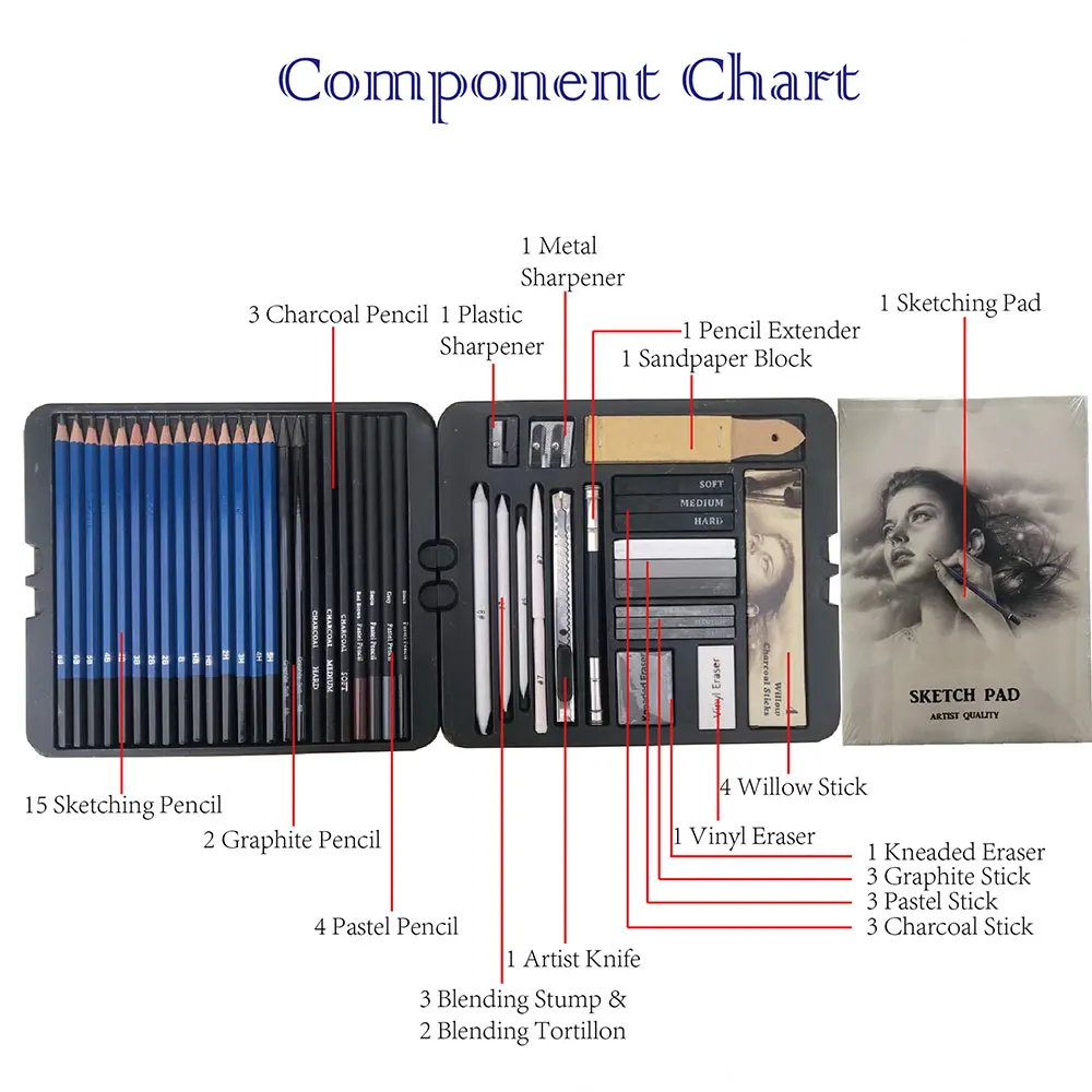 طقم رسم ، لوازم رسم ، دفتر رسم 3 ألوان ، جرافيت ، أقلام فحم ، 50 عبوة